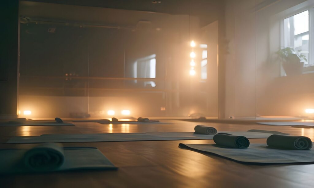 Peaceful interior of the Bikram Yoga El Paseo studio in Palm Desert, California, showcasing hot yoga mats arranged on a warm wood floor, glowing ambient lights, and calming studio atmosphere, ideal for Bikram Yoga practice in the Coachella Valley.